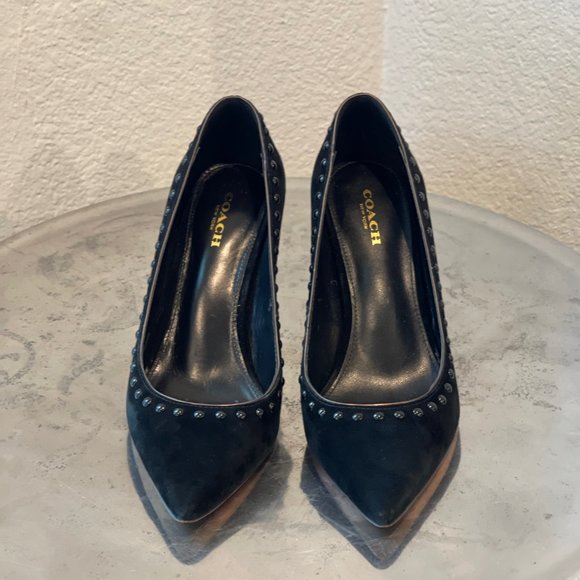 COACH Smith Black Suede Pointed Toe Studded Pumps - Picture 4 of 8